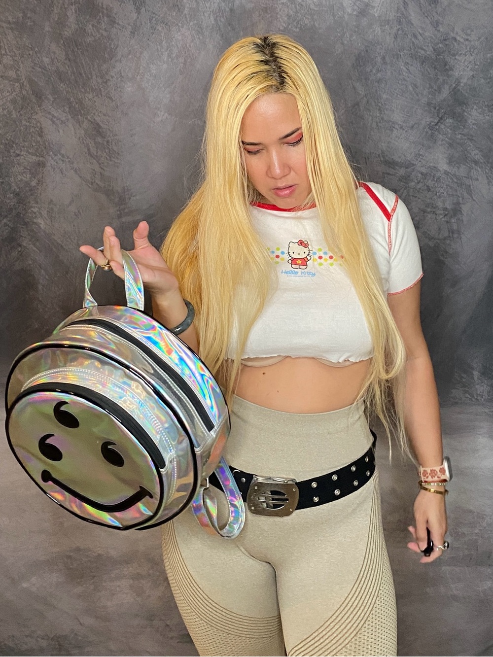666 Holographic Smiley PVC Cyber Rave Grunge Backpack RARE - Picture 3 of 16